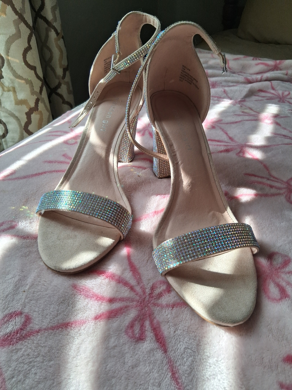 Women's Blush Pink Rhinestone Block Heel Sandals